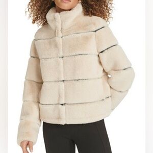 KARL LAGERFELD PARIS Womens Faux-Leather Trim Faux-Fur Short Coat